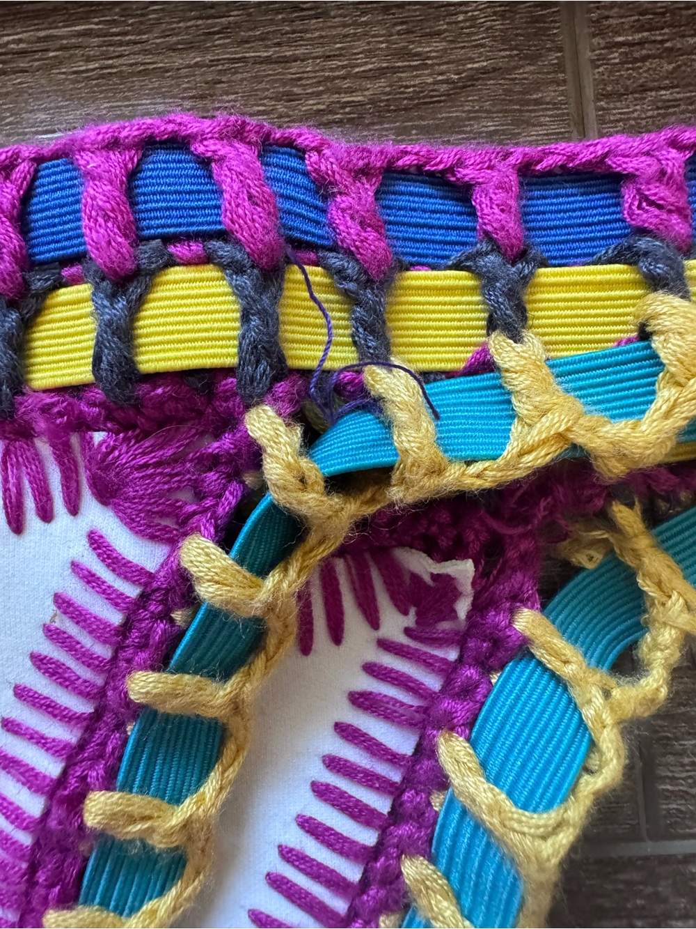 KIINI Crochet Trim White Bikini with Pink, Yellow, Teal & Purple Accents (Small) - Picture 4 of 6